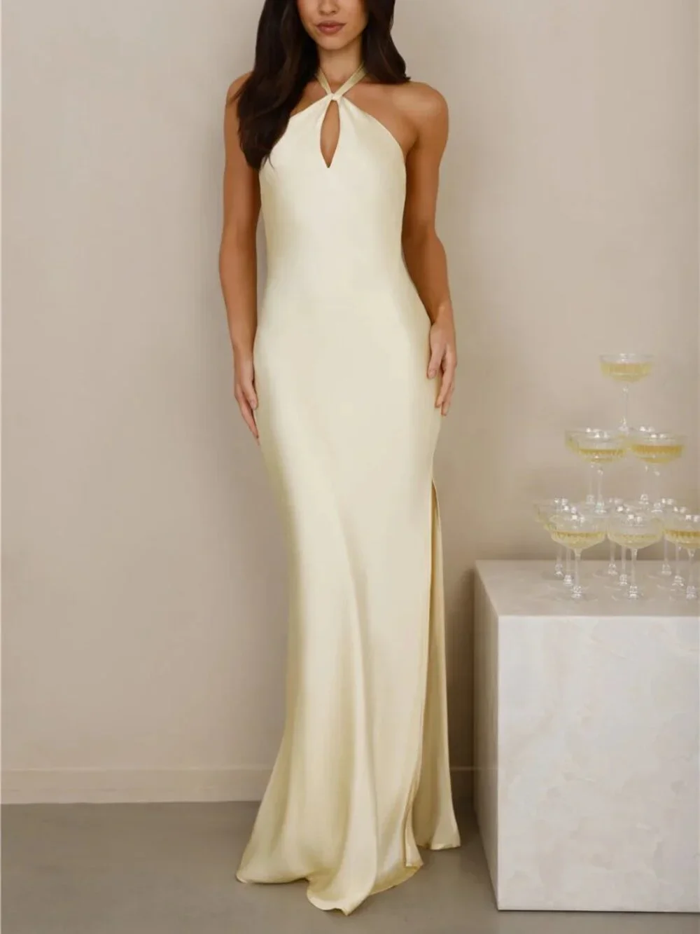 The Delilah Satin Halter Maxi Dress - Butter Yellow - Hello Molly - Picture 2 of 12